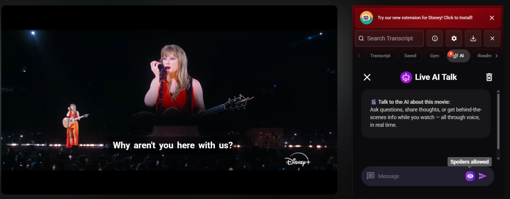 Concert film on Disney+ with a female singer on stage and a Live AI Talk panel for chatting with AI while watching the movie.