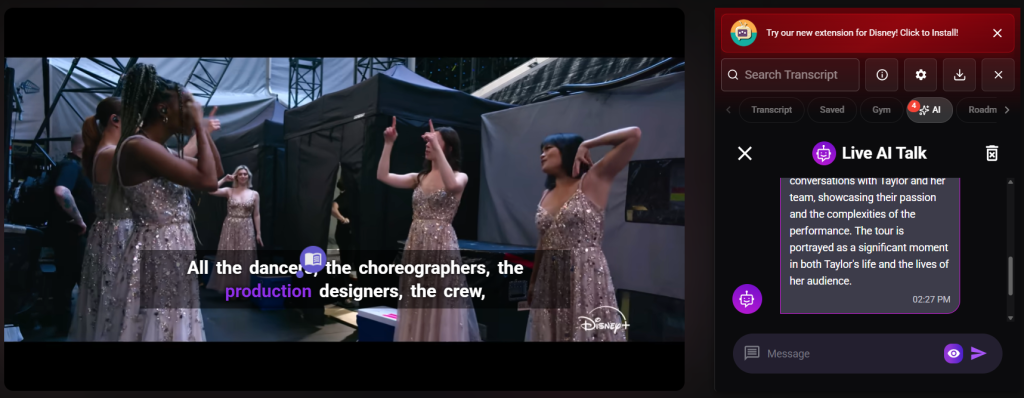 Backstage scene of three women in a concert film while the viewer asks an AI panel what the video is about.