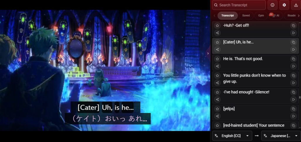 Anime dual subtitles Disney+ example to Learn Japanese Disney Plus—English and Japanese subtitles with transcript sidebar.